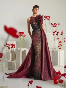 Higar Novias - Couture Abendmode extravagante Ballmode burgunderrotes Ballkleid Ballrobe - Hänsel & Gretel