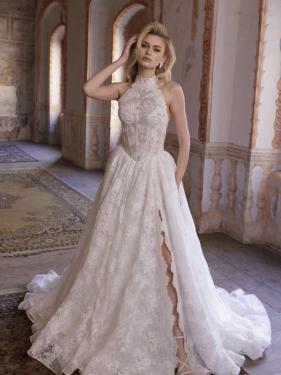 Agnieszka Swiatly - Couture Brautkleid Halterneck Schlitz Applikationen Extravangt Hochzeitskleid - Hänsel & Gretel 