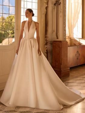 Alberto Palatchi - A-Linie Cleanchic Brautkleid, Halterneck, Knopfleiste vorne, Schleppe, Rückenausschnitt - Hänsel & Gretel