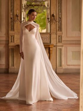Alberto Palatchi - enges fitflair Cleanchic Brautkleid, Cape, zarte Träger, schlicht, Standesamt - Hänsel & Gretel