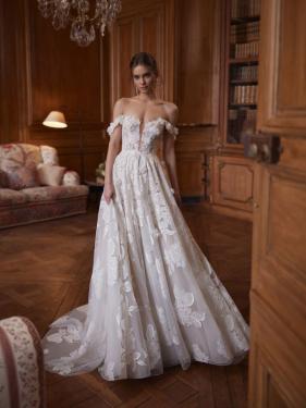 Dama Couture - A-Linien Brautkleid, Blumenmuster, 3D Blüten, Off-Shoulder Träger, Schleppe - Hänsel & Gretel