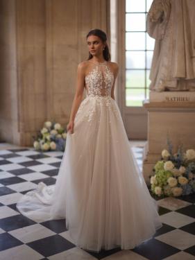 Dama Couture - Boho Brautkleid, halterneck, 3D Blüten, Tüllrock, Schleppe- Hänsel & Gretel