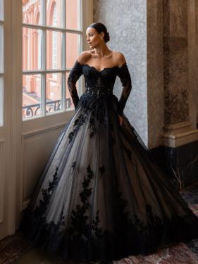 Diane Legrand - schwarzes Princess Brautkleid, lange Ärmel, Spitze, weiter Rock - Hänsel & Gretel