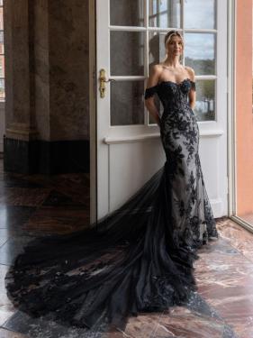 Diane Legrand - enges, schwarzes Brautkleid, Schleppe, Sexy, Spitze, Off-Shoulder Träger - Hänsel & Gretel