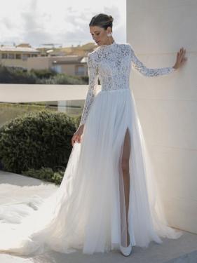 Diane Legrand - A-Linien Brautkleid, hochgeschlossen, Spitzentop, lange Ärmel, Tüllrock, Schlitz  - Hänsel & Gretel