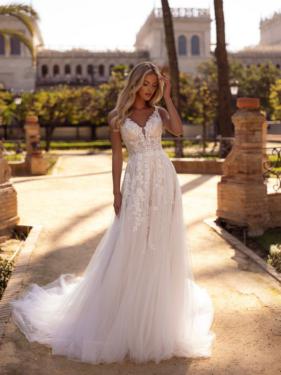 Milan Bridal - A-Linien Brautkleid, Blumenmuster, 3D Blüten, Schleppe - Hänsel & Gretel