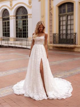 Milan Bridal - A-Linien Brautkleid, Blumenmuster, Corsage, Schleppe, Träger - Hänsel & Gretel