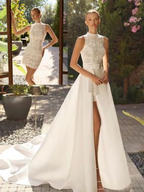Rosa Clara Vintage Bohemien Hochzeitskleid kurzes Kleid mit Überrock hochgeschlossen Brautkleid Überrock Hänsel & Gretel