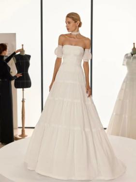 Rosa Clara - Cleanchic Brautkleid, A-Linie, Schleppe, gerader Ausschnitt, Off Shoulder Ärmel - Hänsel & Gretel