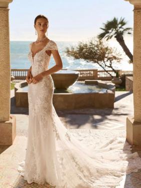 Zu sehen ist ein weißes Fit-&-Flare Brautkleid mit tiefem V-Ausschnitt und kurzen Spitzenärmeln. Das Kleid ist mit floraler Spitze verziert und hat eine lange, transparente Tüllschleppe.