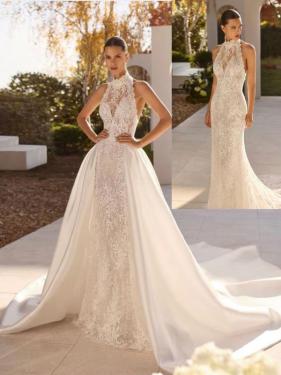 Rosa Clara hochgeschlossenes Hochzeitskleid enges Brautkleid Halterneck Überrock Hänsel & Gretel